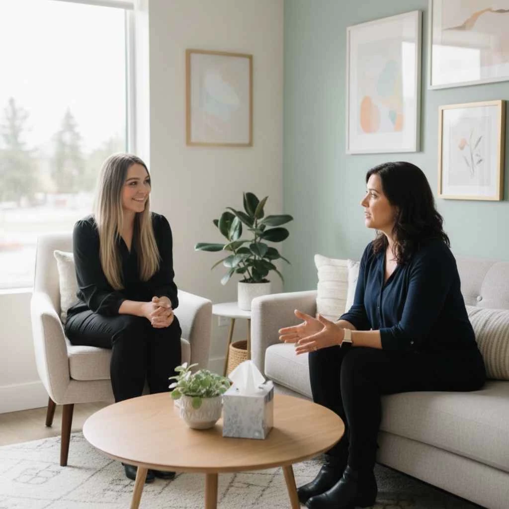 calm counseling office or therapist talking with an adult client