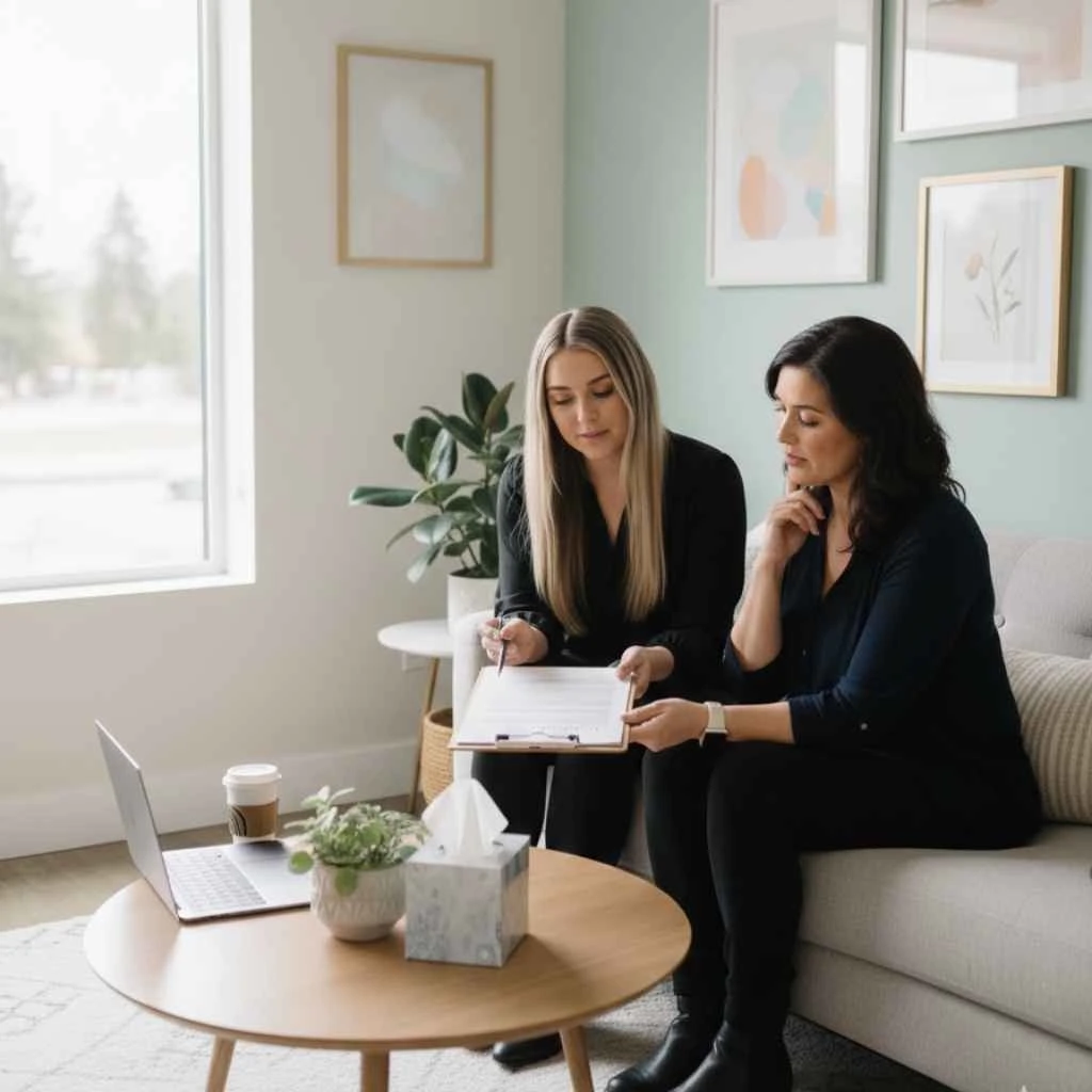 therapist and client reviewing treatment plan together