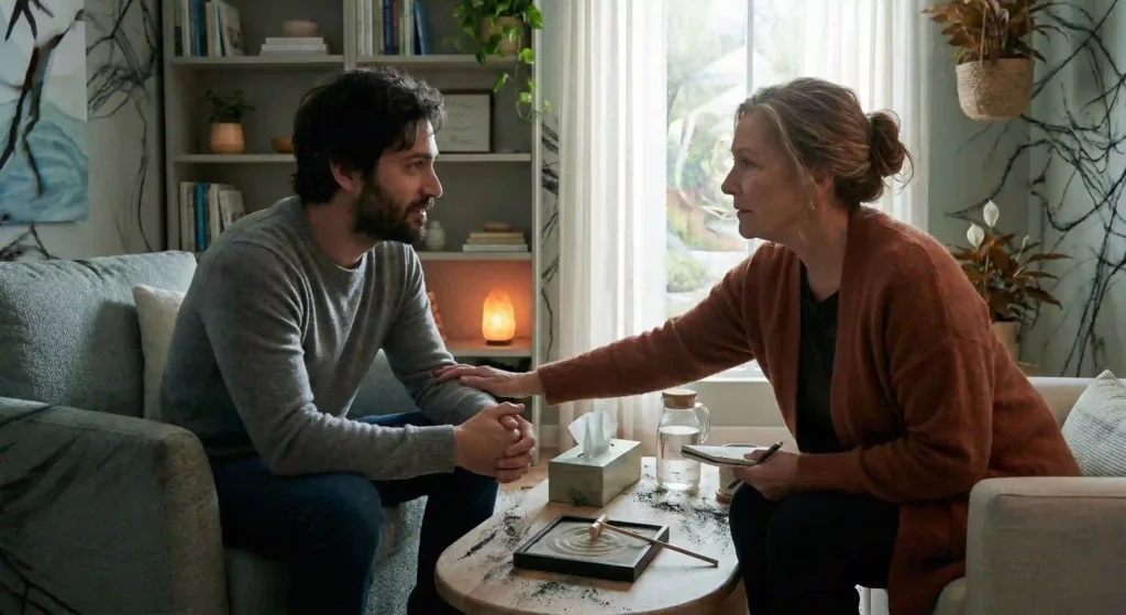 therapist and client in supportive conversation