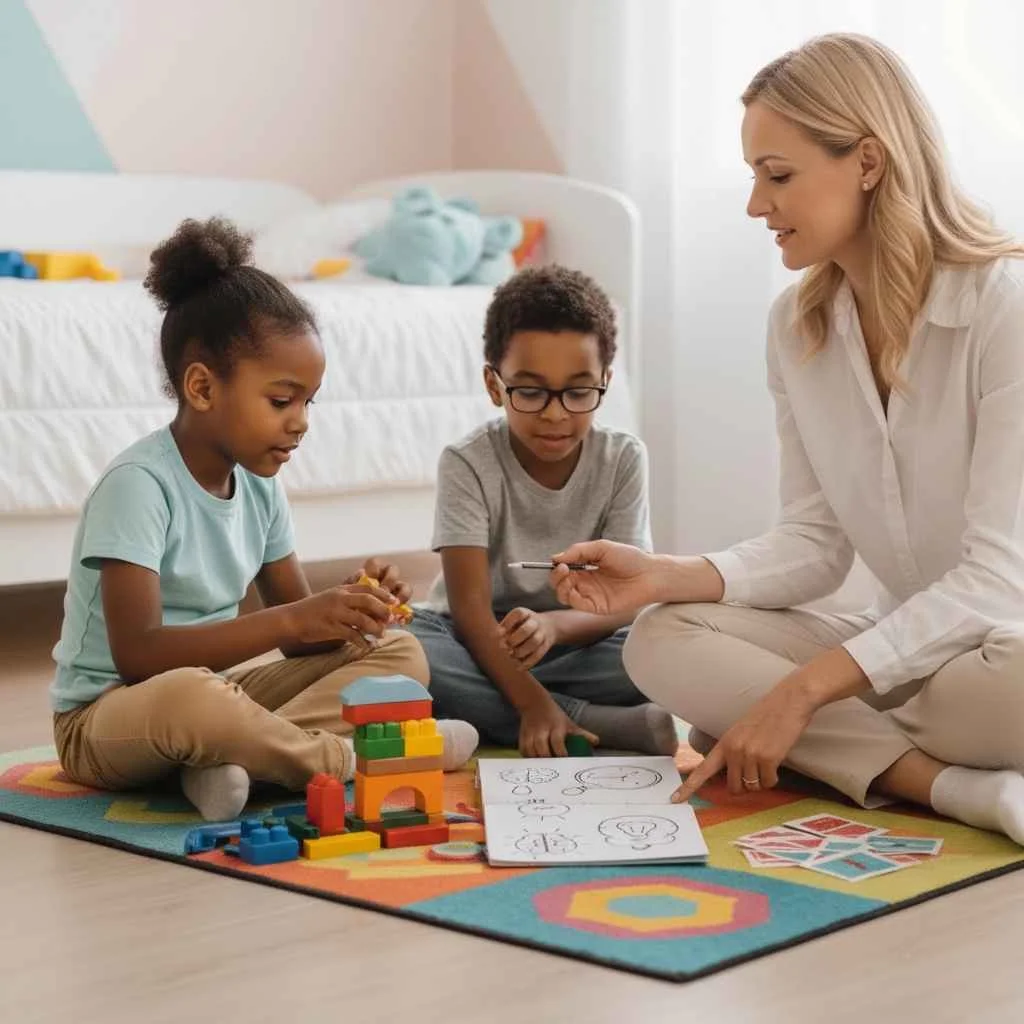 therapist working with a child using visual learning tools