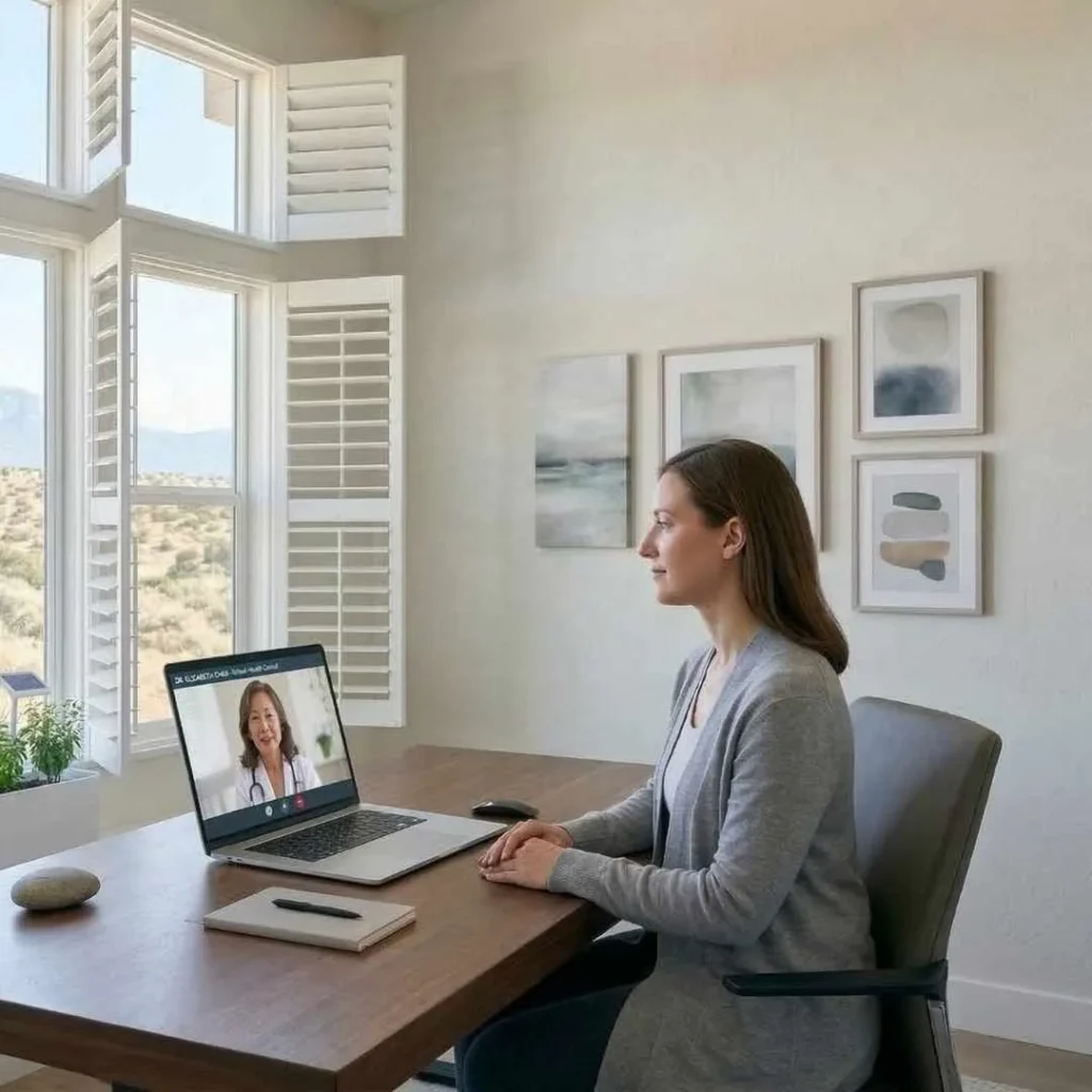 calm, minimal home workspace with a laptop open for a virtual consultation.
