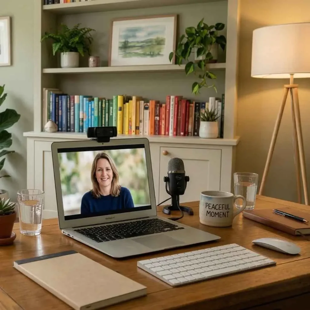 peaceful home office environment suitable for a virtual therapy session.