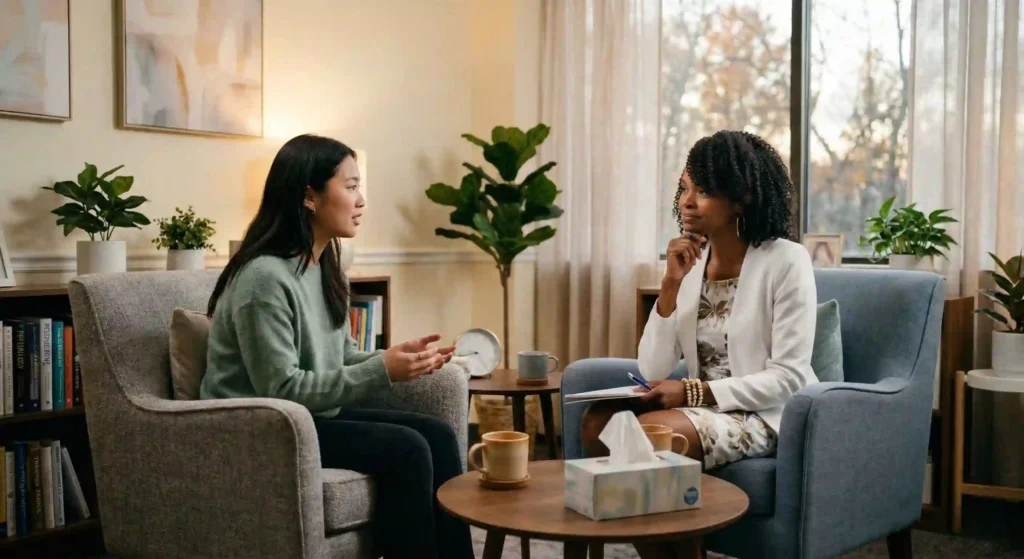 supportive mental health counseling session between psychiatrist and patient