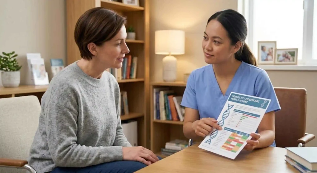 Calm patient consultation with mental health specialist using genetic testing results