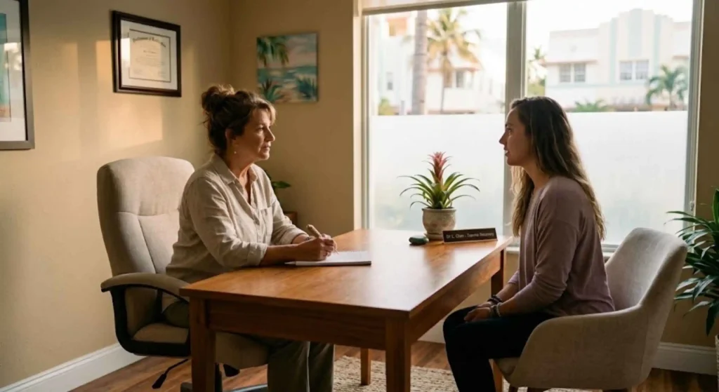 PTSD recovery therapist consulting with patient in Miami clinic