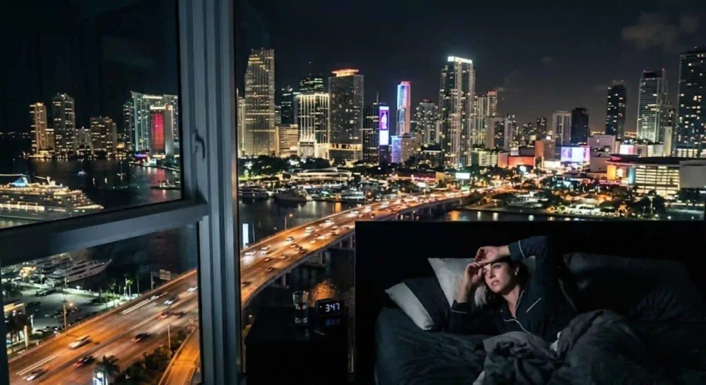 Miami skyline at night showing urban environment affecting sleep quality