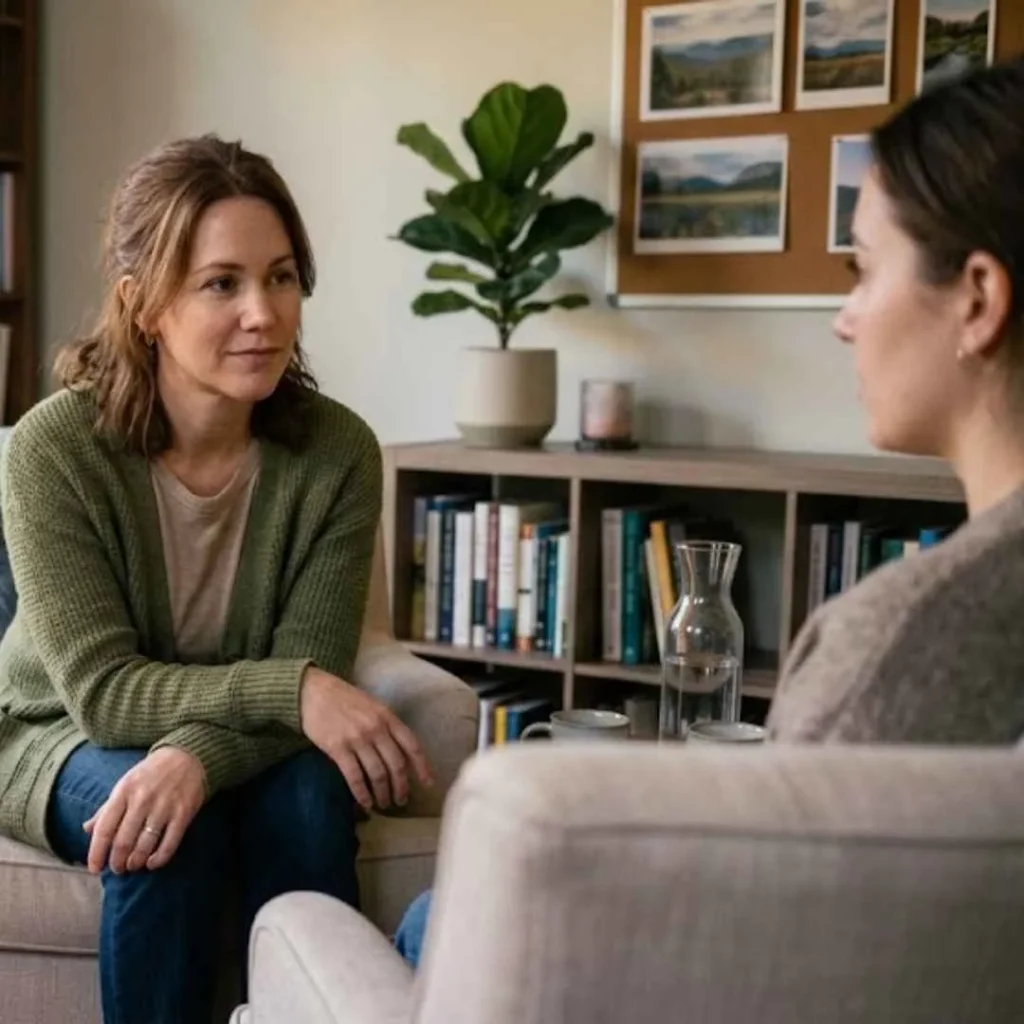 Mental health professional providing trauma-informed therapy session