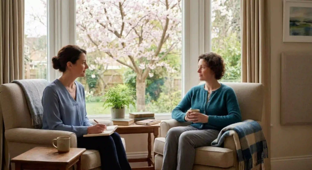 Mental health professional supporting mood disorder stabilization