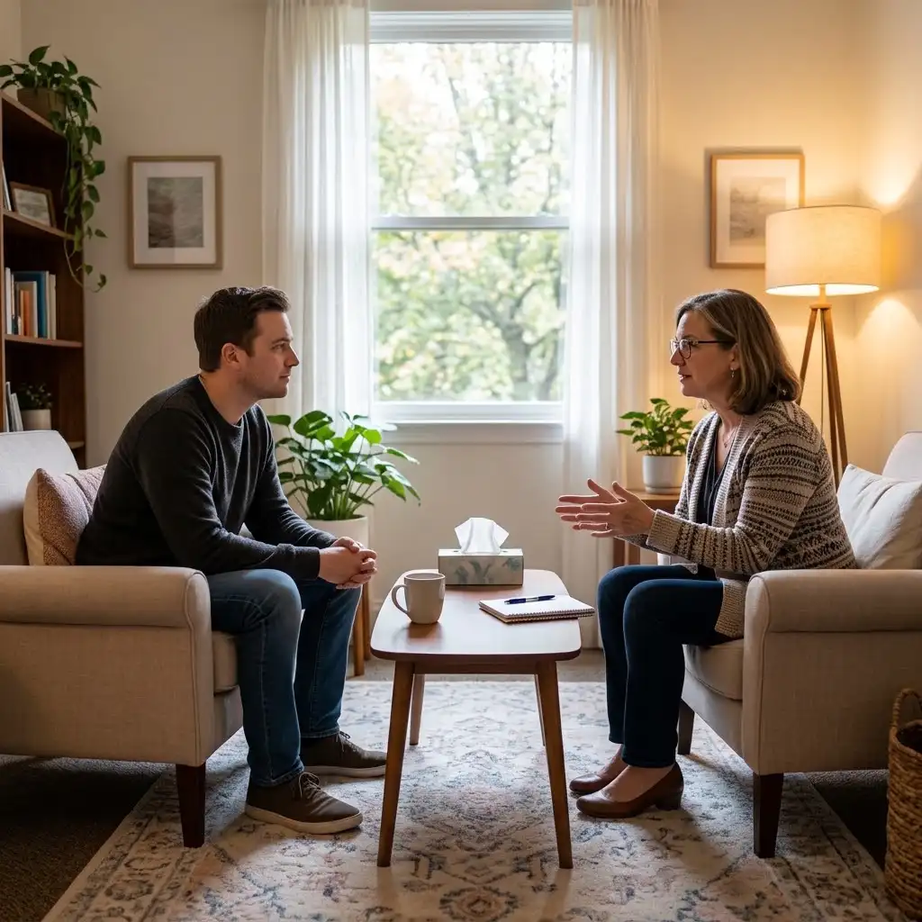 Individual receiving professional mental health support as part of a schizophrenia treatment plan.