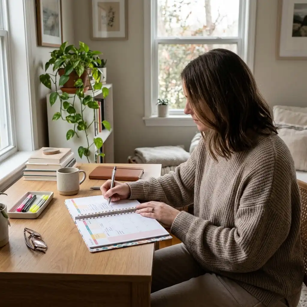 Person organizing daily activities while working toward stability with ongoing schizophrenia treatment.